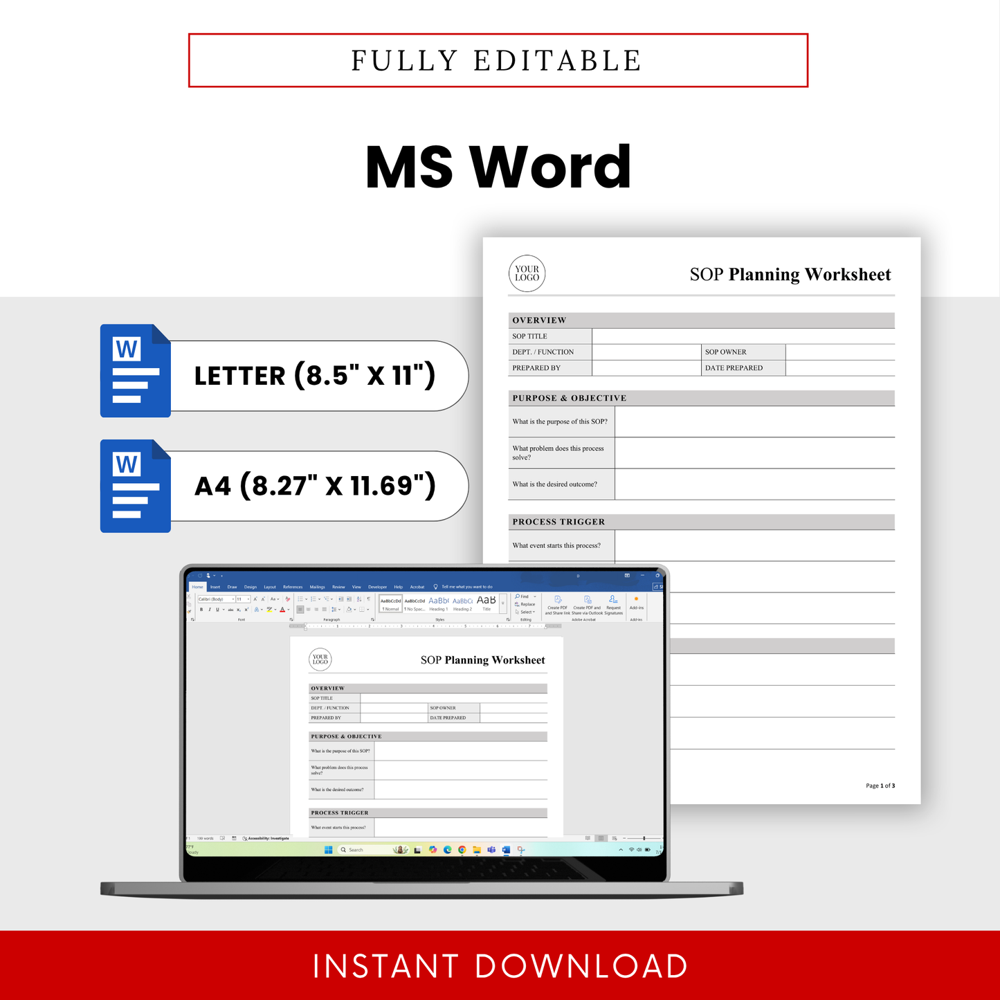 editable SOP template in Microsoft Word format with US Letter and A4 sizes shown on laptop screen for business process planning and documentation