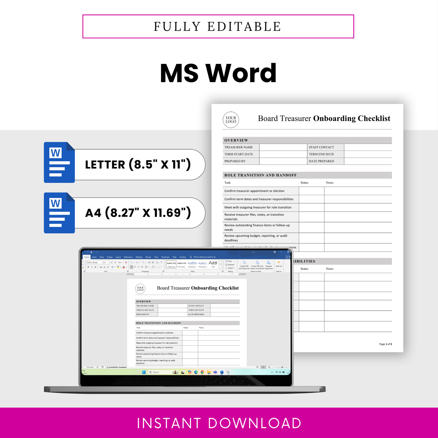 Fully editable nonprofit board treasurer onboarding checklist template in Microsoft Word format, available in US Letter and A4 sizes, with customizable branding and professional nonprofit finance onboarding layout