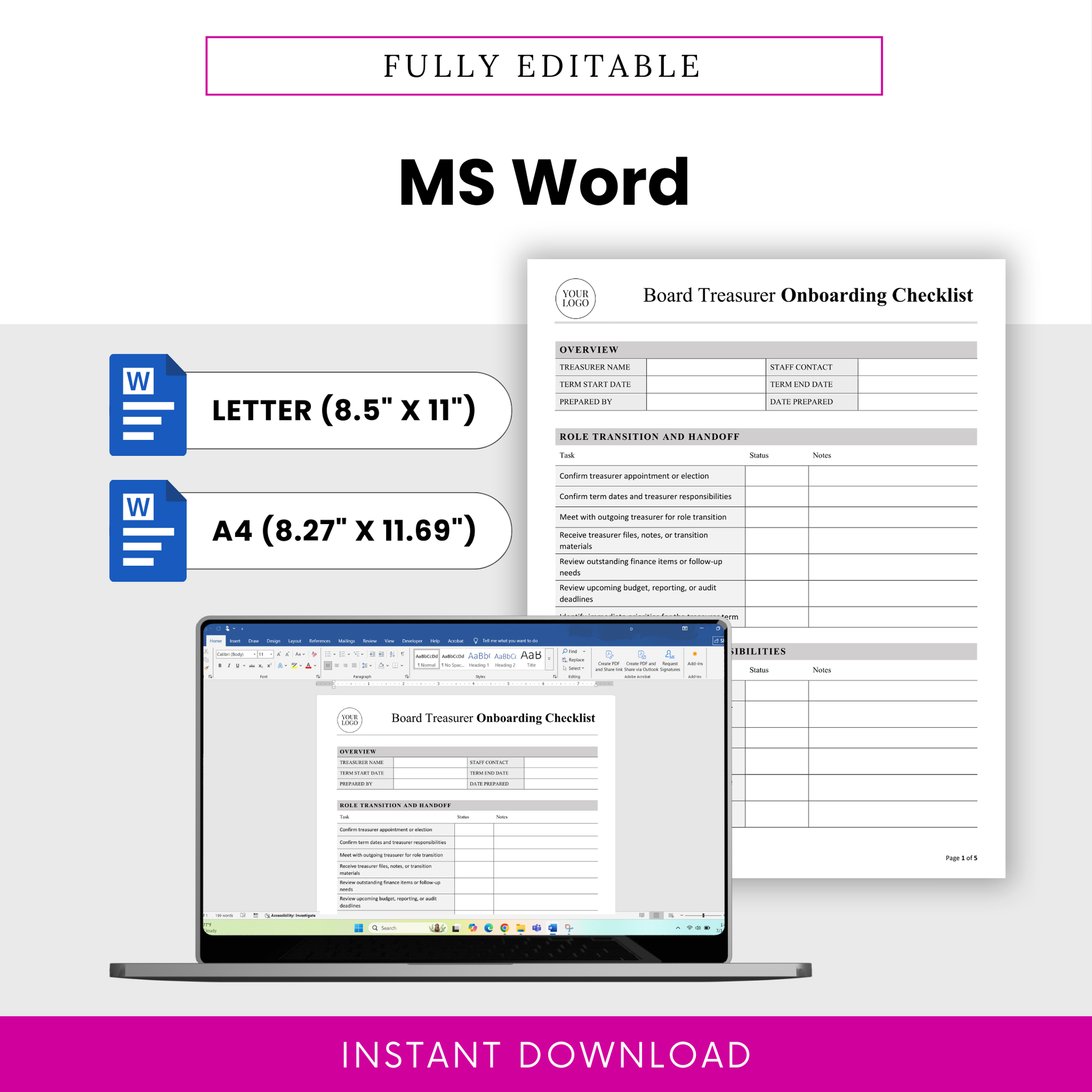 Fully editable nonprofit board treasurer onboarding checklist template in Microsoft Word format, available in US Letter and A4 sizes, with customizable branding and professional nonprofit finance onboarding layout