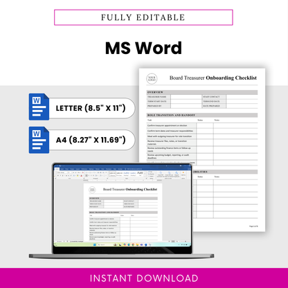 Fully editable nonprofit board treasurer onboarding checklist template in Microsoft Word format, available in US Letter and A4 sizes, with customizable branding and professional nonprofit finance onboarding layout