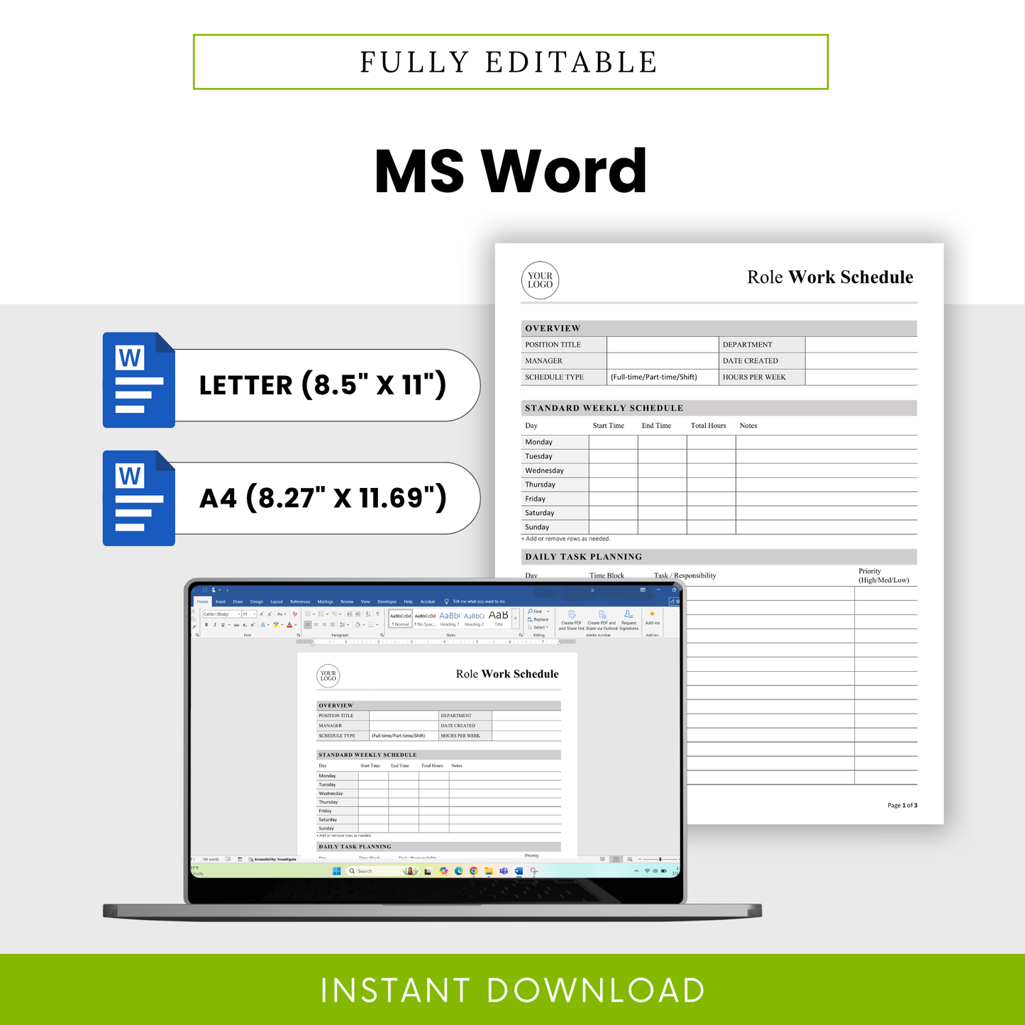 editable job role schedule template in microsoft word, letter and a4 sizes, customizable workflow planner document for business use