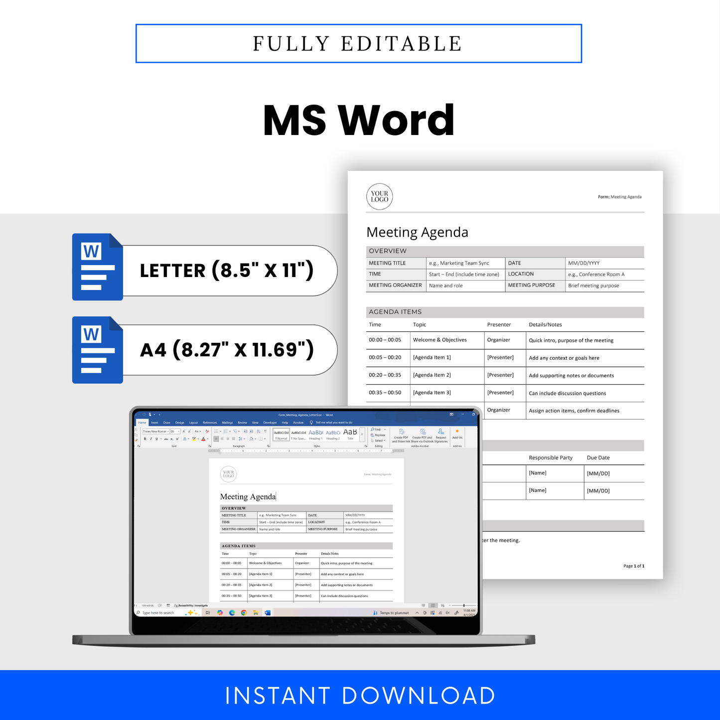 Meeting Notes Template available in fully editable Microsoft Word format. Includes both US Letter (8.5 x 11 in) and A4 (8.27 x 11.69 in) sizes. Instant download for small business operations and admin teams.