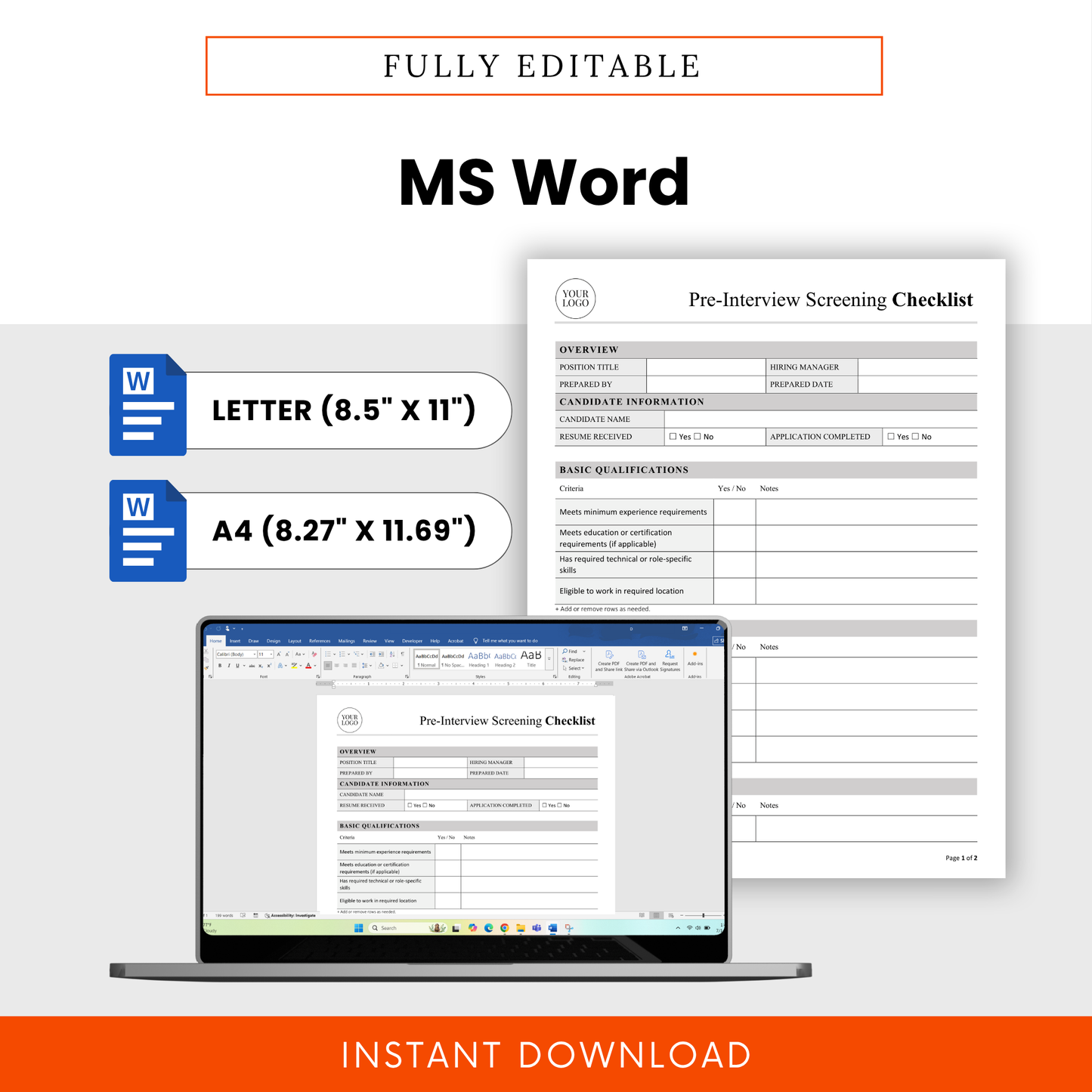 Editable pre-interview screening checklist in Microsoft Word format, customizable HR hiring template with letter and A4 sizes, easy to update and brand for your business
