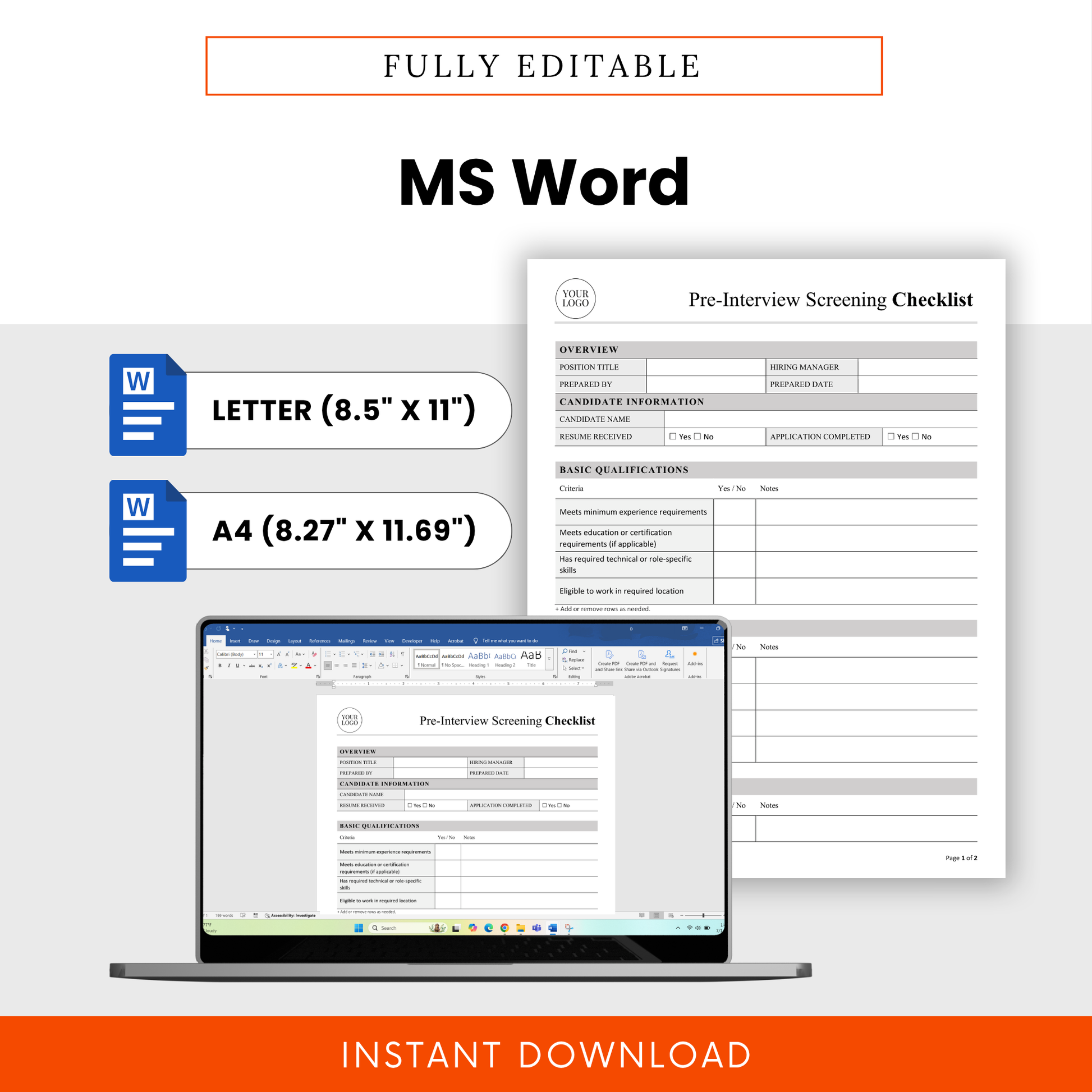 Editable pre-interview screening checklist in Microsoft Word format, customizable HR hiring template with letter and A4 sizes, easy to update and brand for your business