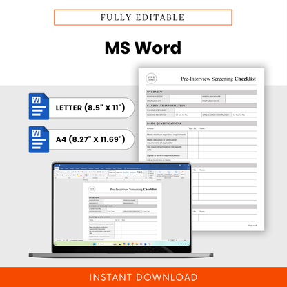 Editable pre-interview screening checklist in Microsoft Word format, customizable HR hiring template with letter and A4 sizes, easy to update and brand for your business