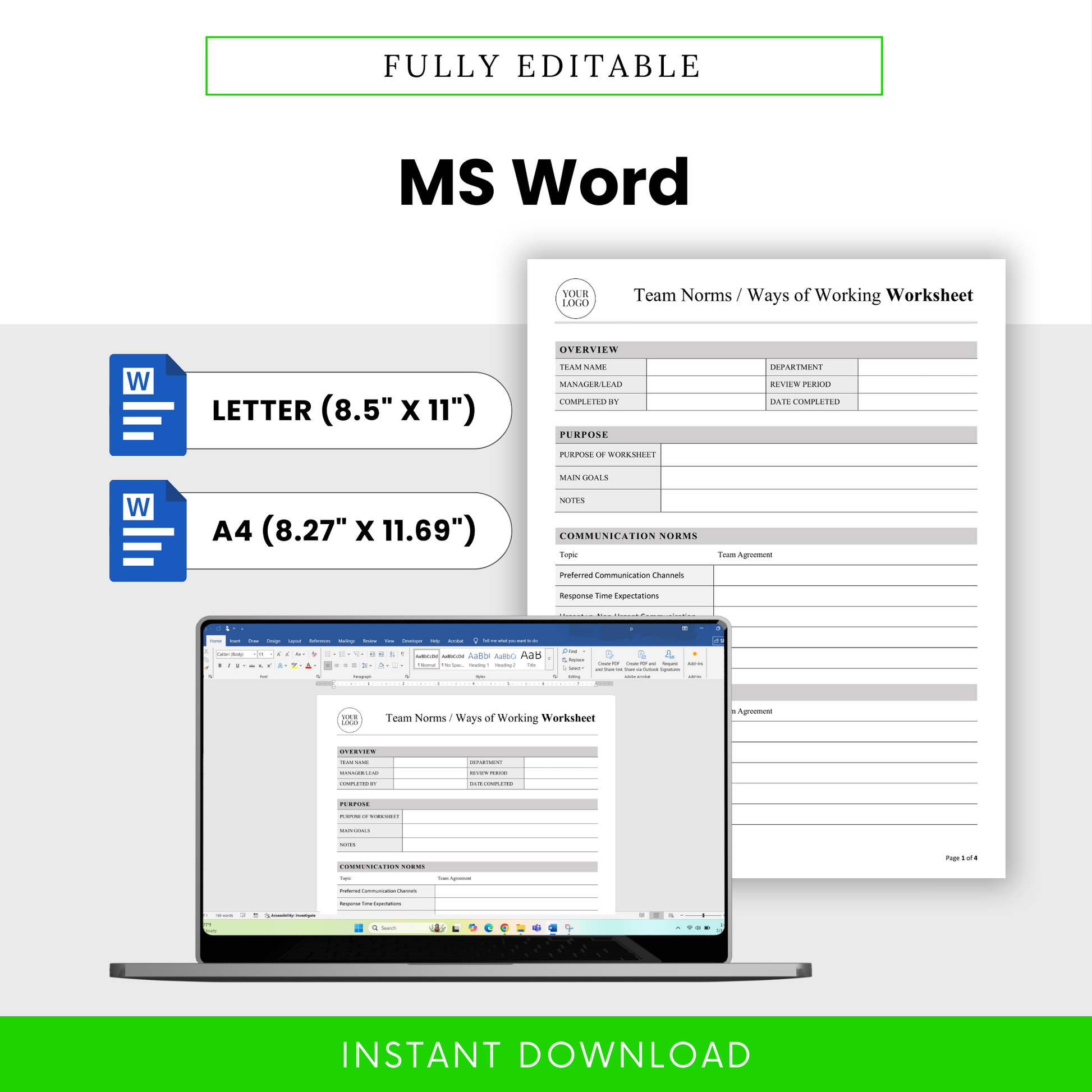 Editable team norms worksheet in Microsoft Word format with US Letter and A4 sizes, customizable layout with branding option, professional business template