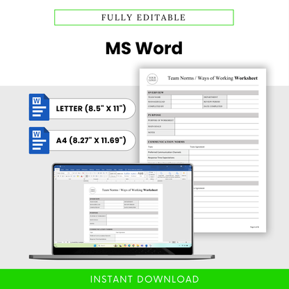 Editable team norms worksheet in Microsoft Word format with US Letter and A4 sizes, customizable layout with branding option, professional business template