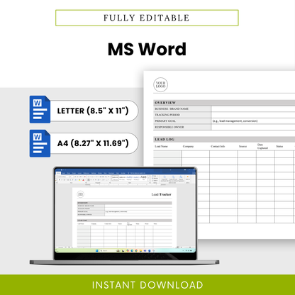 Lead Tracker Template Word file shown in an editable Microsoft Word format with US Letter and A4 sizes. This fully customizable business template is perfect for users who want to quickly edit, brand, and manage their sales pipeline digitally.