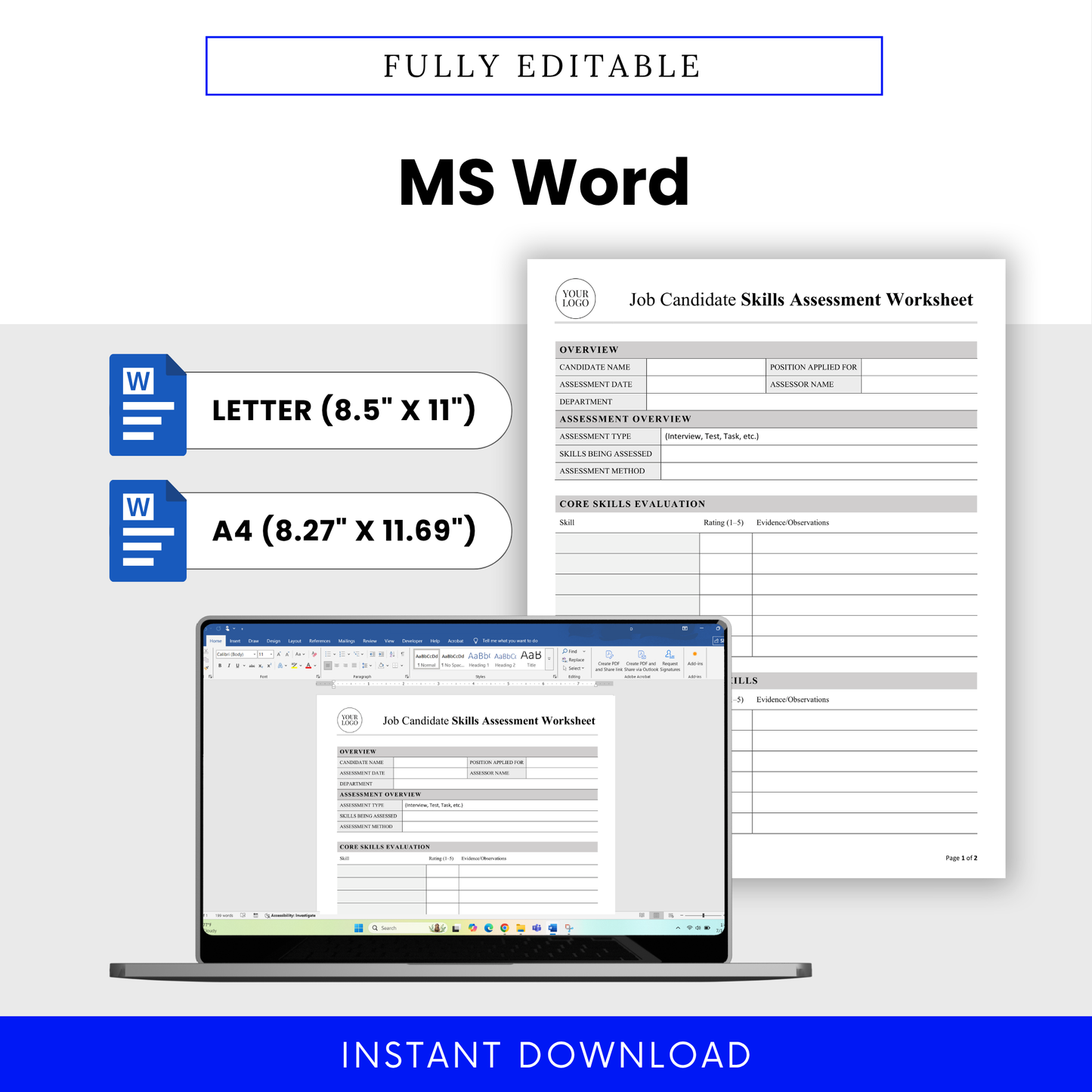 Mockup of the job candidate assessment worksheet open on a laptop in Microsoft Word, demonstrating a fully editable document format with letter and A4 size options for easy customization