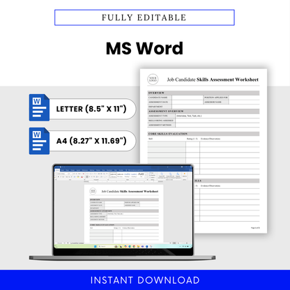 Mockup of the job candidate assessment worksheet open on a laptop in Microsoft Word, demonstrating a fully editable document format with letter and A4 size options for easy customization