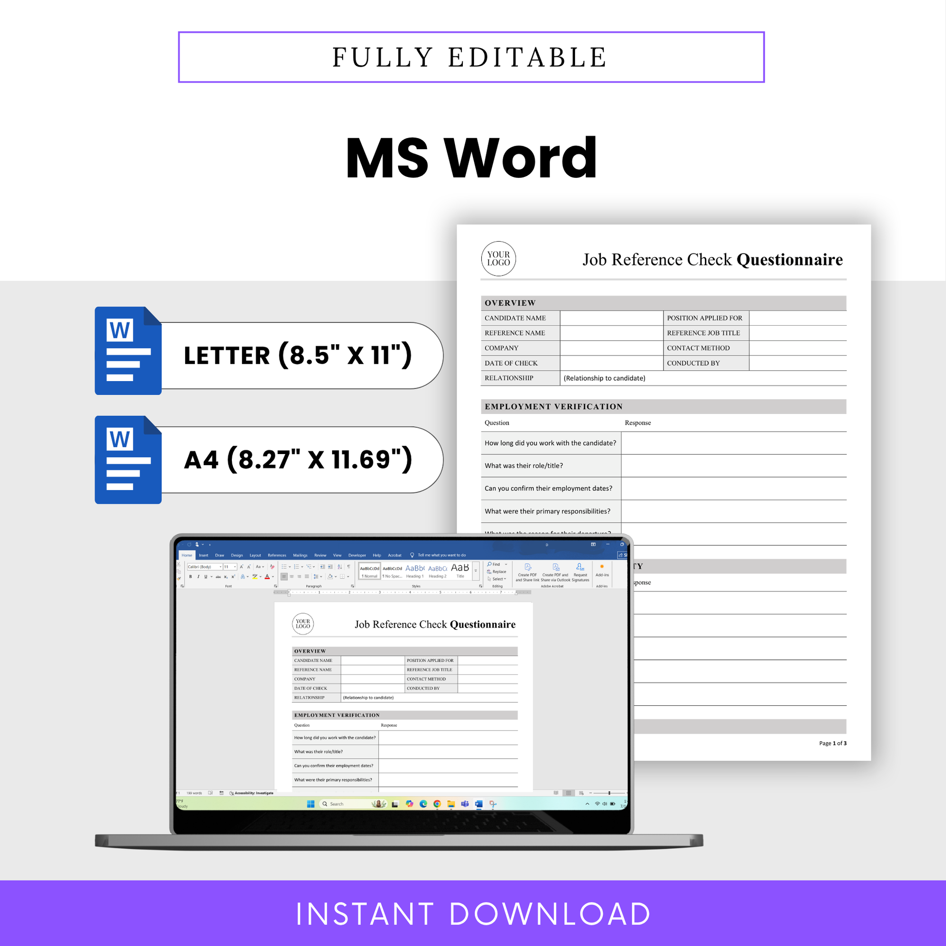 Job Reference Check Template Word displayed on screen, emphasizing full editability and compatibility with Microsoft Word in both Letter and A4 sizes. This simple and professional Job Reference Check Questionnaire Template is ideal for customizable HR workflows.