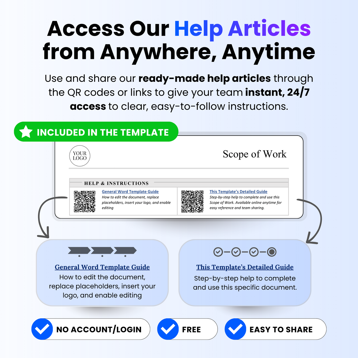Scope of work template with built-in help guides and QR code instructions for easy editing and customization in Word