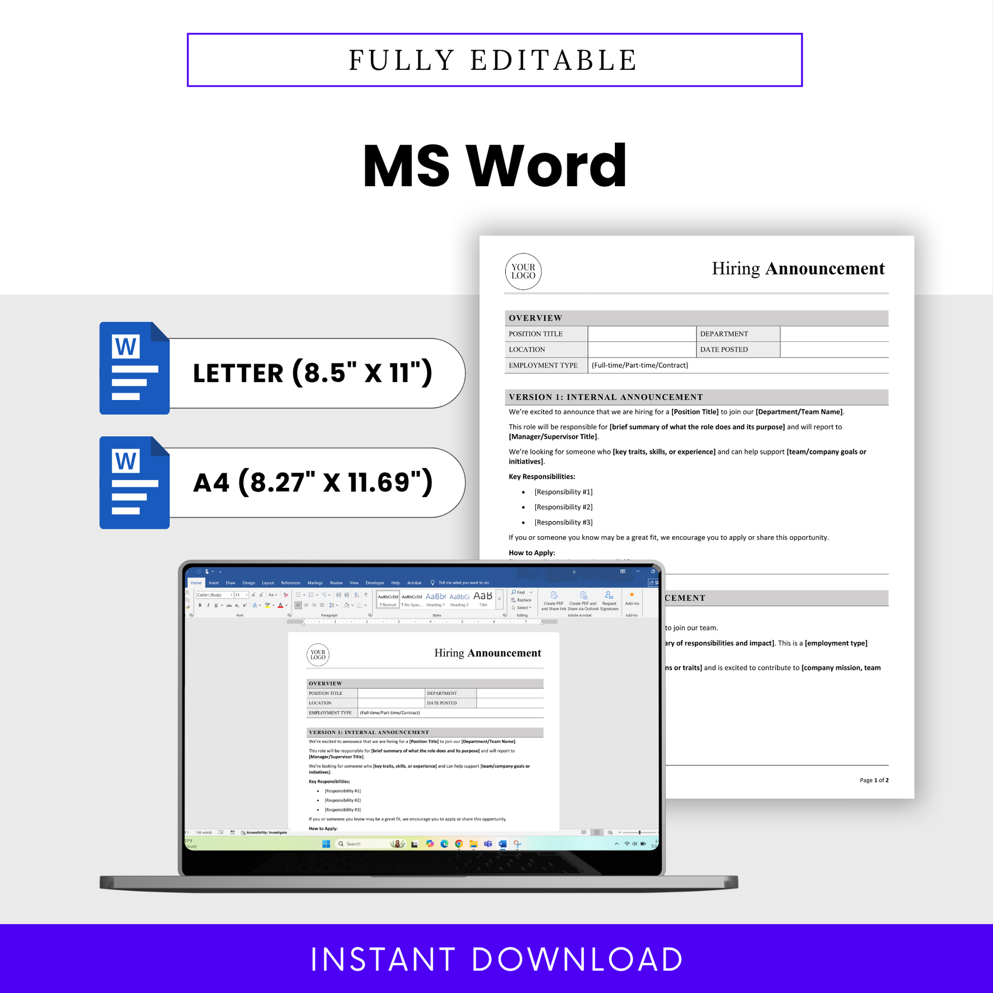 Fully editable hiring announcement template in Microsoft Word format with letter and A4 sizes, customizable HR document for job postings and recruitment