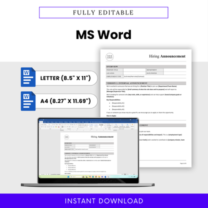Fully editable hiring announcement template in Microsoft Word format with letter and A4 sizes, customizable HR document for job postings and recruitment