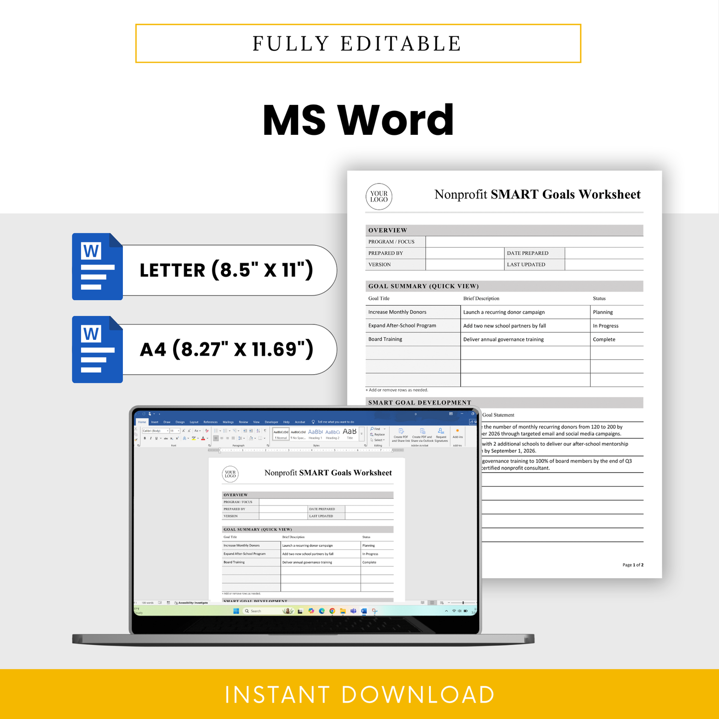 Editable nonprofit SMART goals worksheet in Microsoft Word format with letter and A4 sizes, customizable layout for nonprofit planning and goal tracking