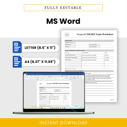Editable nonprofit SMART goals worksheet in Microsoft Word format with letter and A4 sizes, customizable layout for nonprofit planning and goal tracking