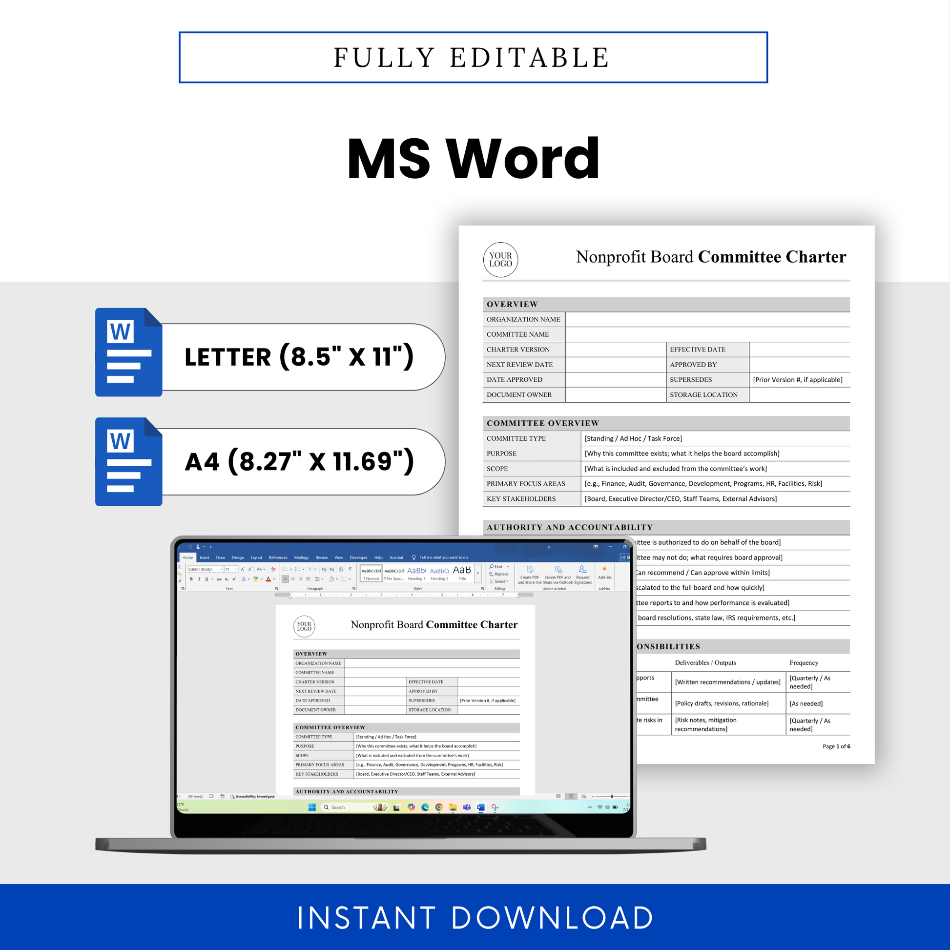 Fully editable nonprofit board committee charter template in Microsoft Word format with US Letter and A4 sizes, easy customization and professional layout