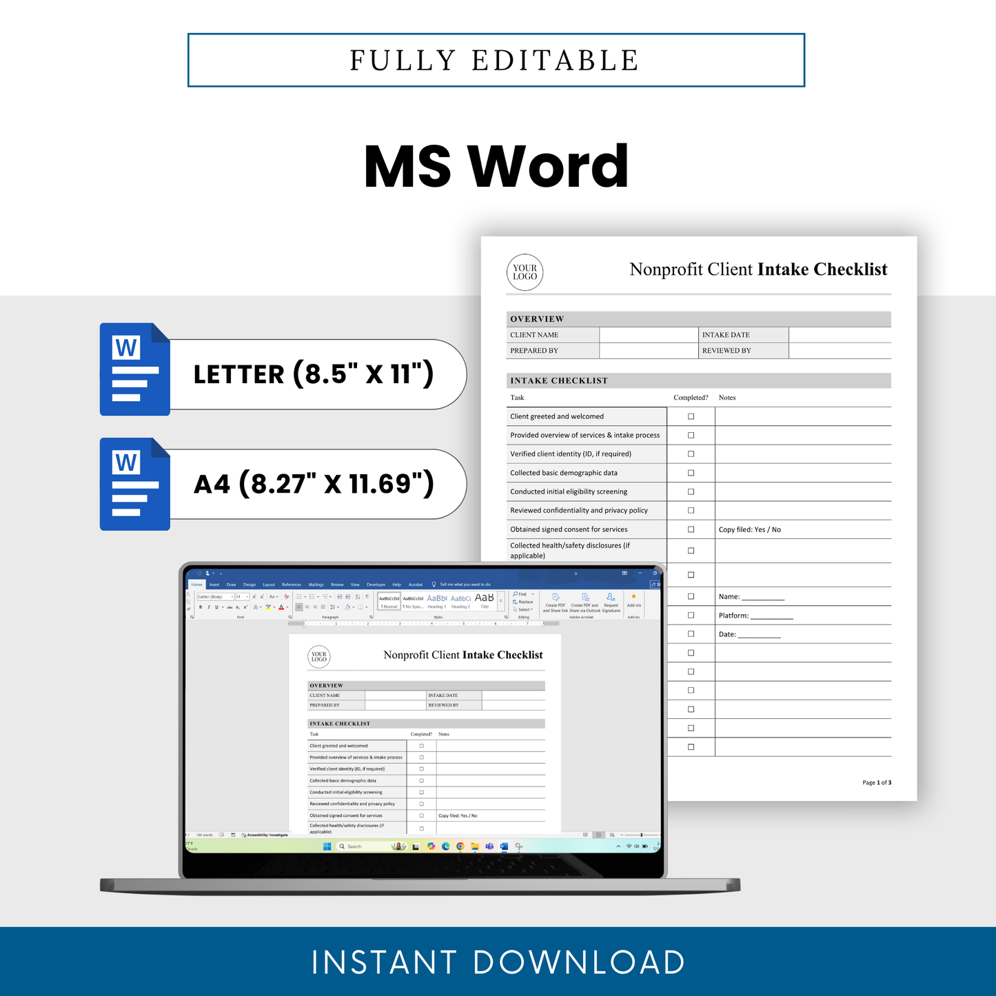Nonprofit client intake checklist template displayed in Microsoft Word format with editable layout, available in US Letter and A4 sizes for easy customization