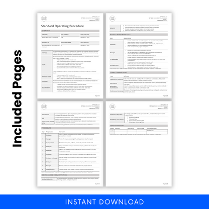 Remote Work Policy & Procedures SOP template showcasing four included pages. Features structured sections such as overview, roles and responsibilities, terms and definitions, procedures, compliance documentation, and version history. 'Included Pages' text on the left highlights the document's comprehensive nature, with an 'Instant Download' banner at the bottom.