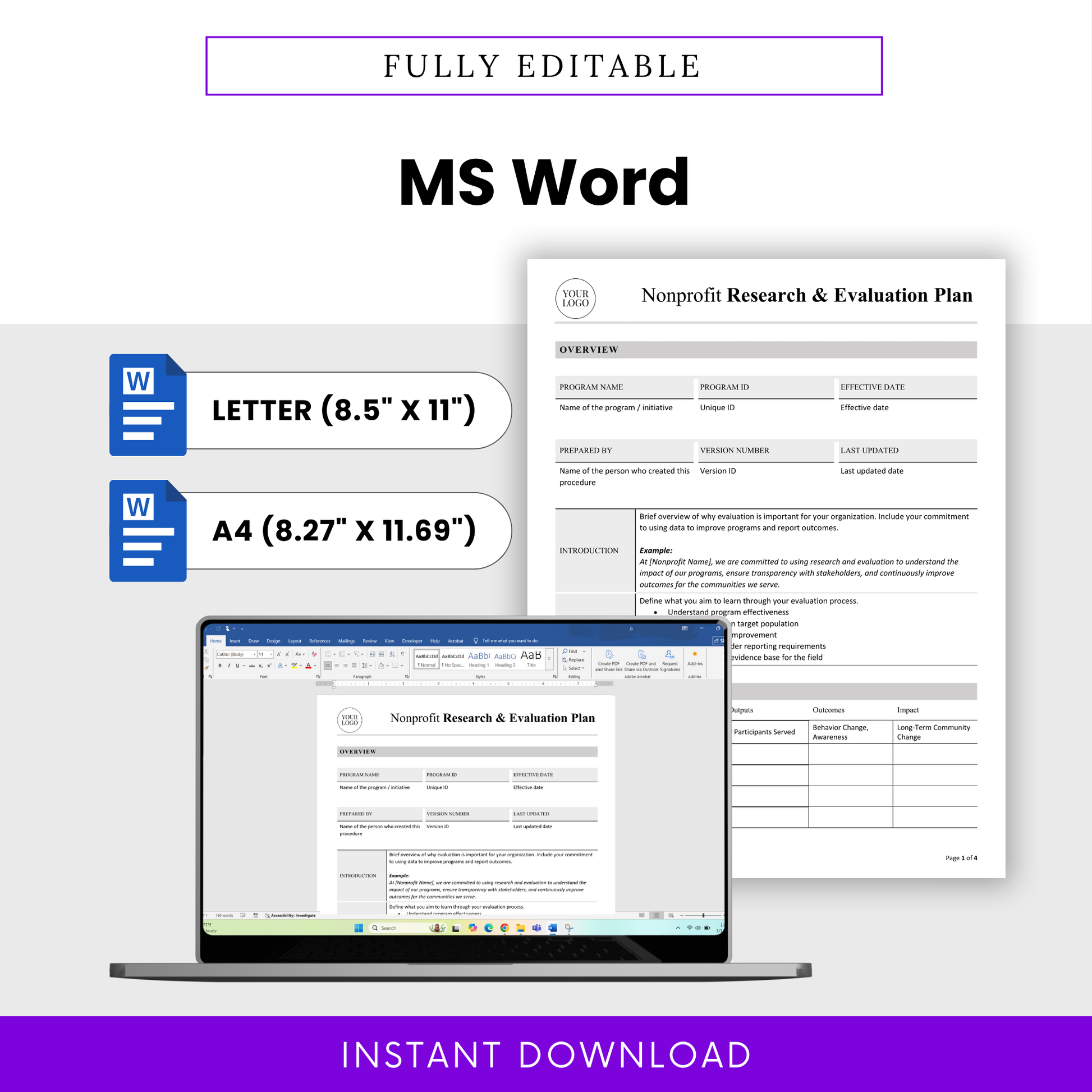 Editable nonprofit evaluation plan template in Microsoft Word format with US Letter and A4 sizes, customizable layout with logo placement, professional document for nonprofit program planning
