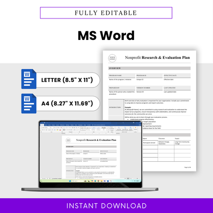 Editable nonprofit evaluation plan template in Microsoft Word format with US Letter and A4 sizes, customizable layout with logo placement, professional document for nonprofit program planning