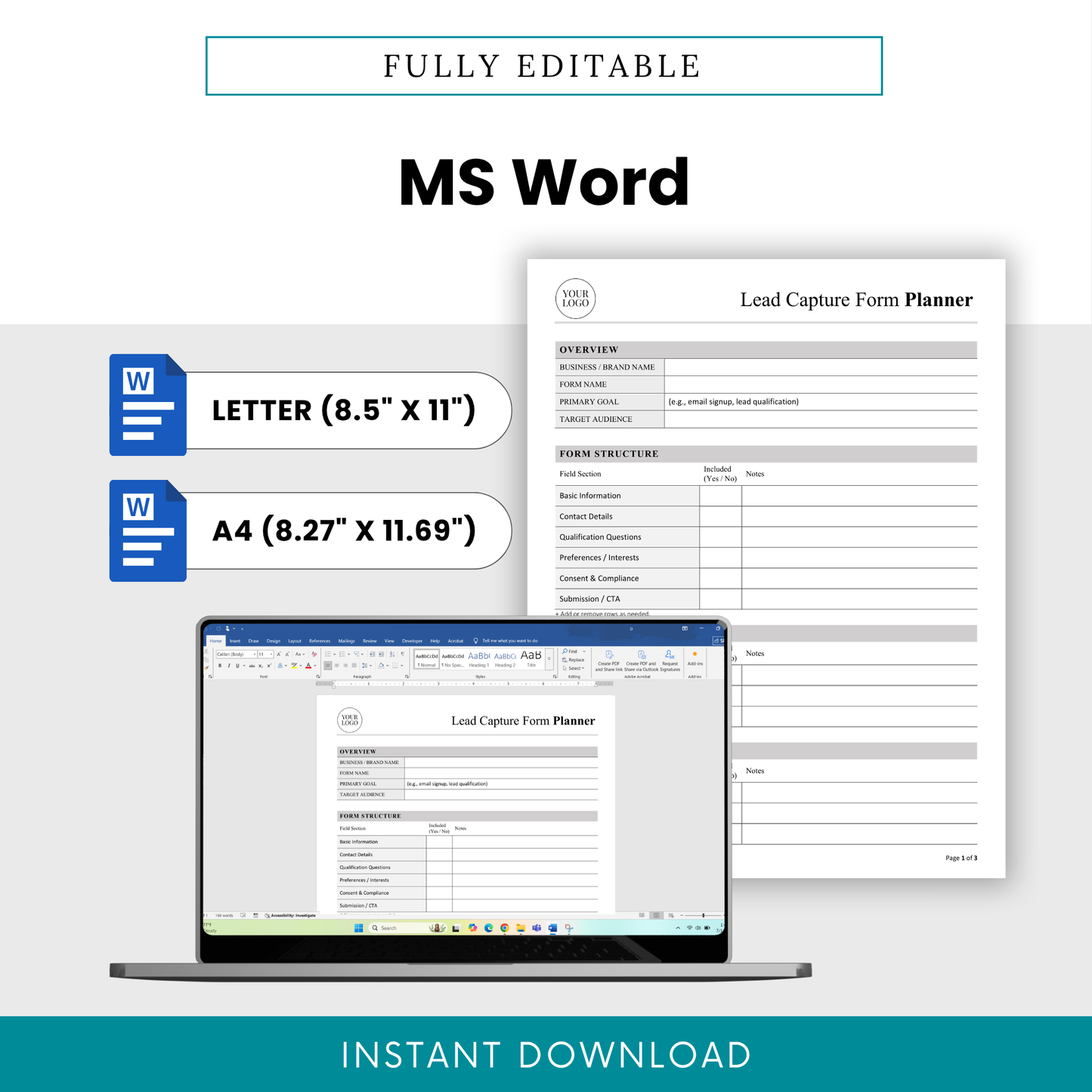 Lead Capture Form Planner Template Word displayed on screen, emphasizing full editability and customization. This editable business template in Word format is perfect for entrepreneurs and teams who need flexible lead capture and client intake solutions.