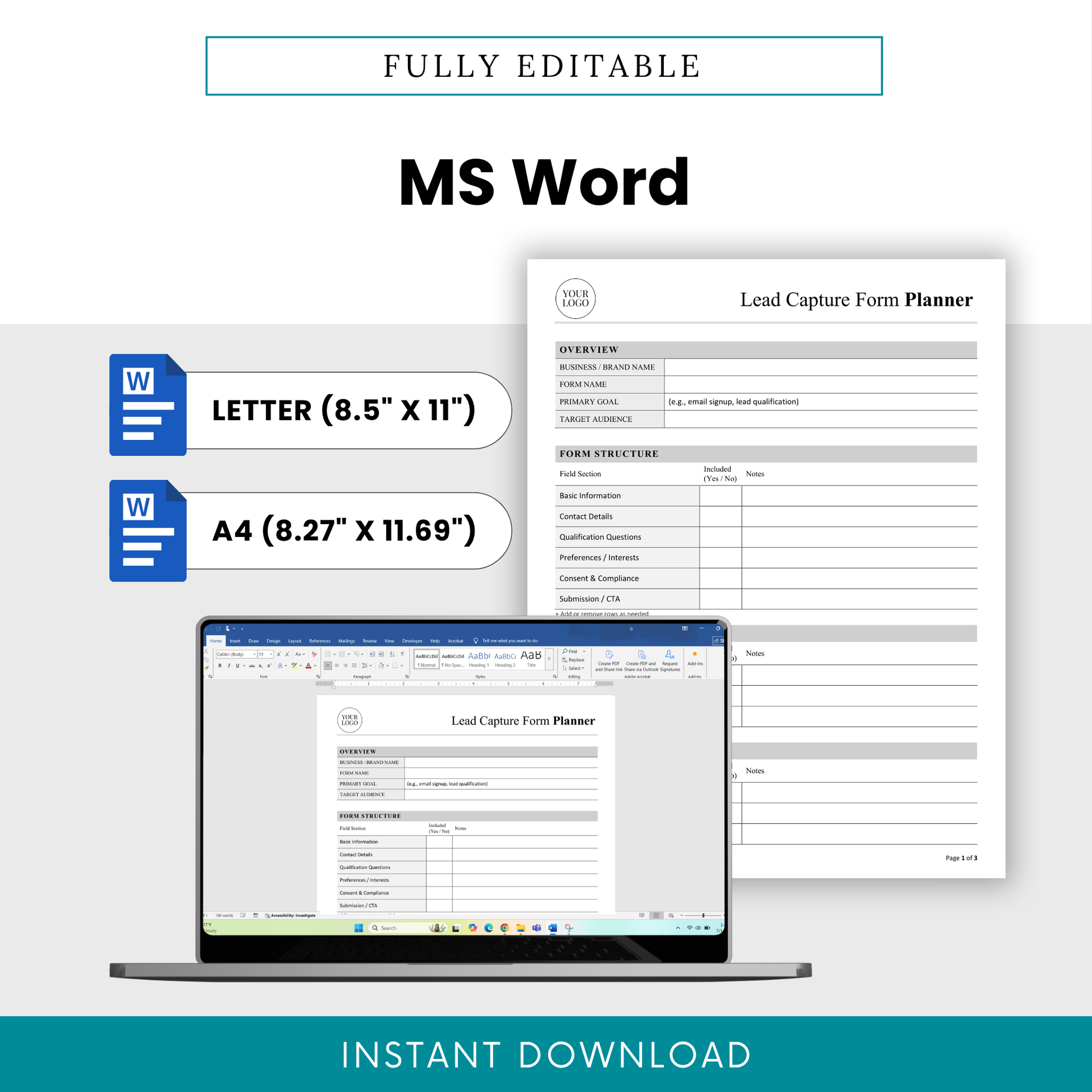 Lead Capture Form Planner Template Word displayed on screen, emphasizing full editability and customization. This editable business template in Word format is perfect for entrepreneurs and teams who need flexible lead capture and client intake solutions.