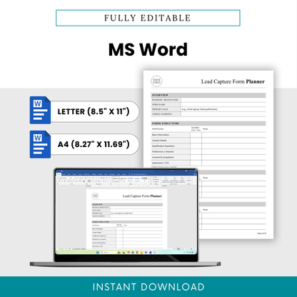 Lead Capture Form Planner Template Word displayed on screen, emphasizing full editability and customization. This editable business template in Word format is perfect for entrepreneurs and teams who need flexible lead capture and client intake solutions.
