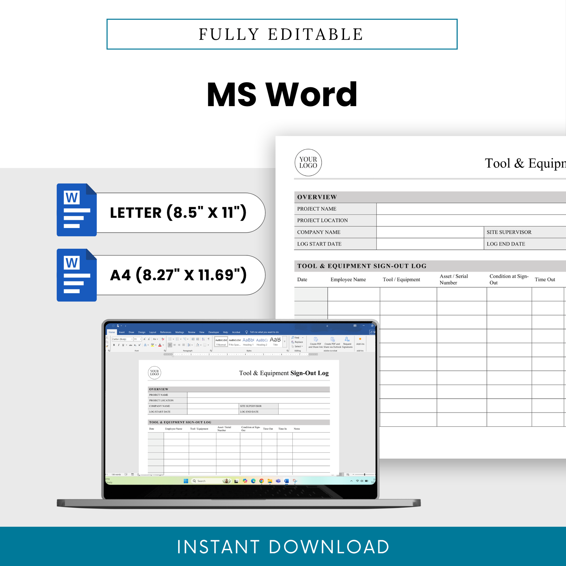 Editable Tool and Equipment Sign-Out Log Template in Microsoft Word with Letter and A4 sizes for easy customization.