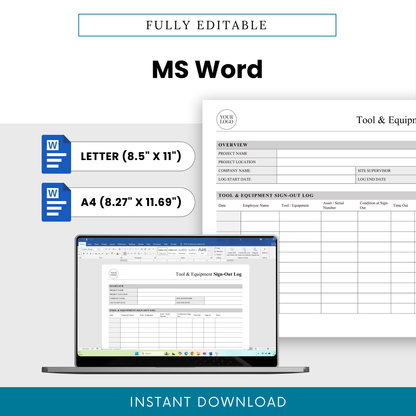 Editable Tool and Equipment Sign-Out Log Template in Microsoft Word with Letter and A4 sizes for easy customization.