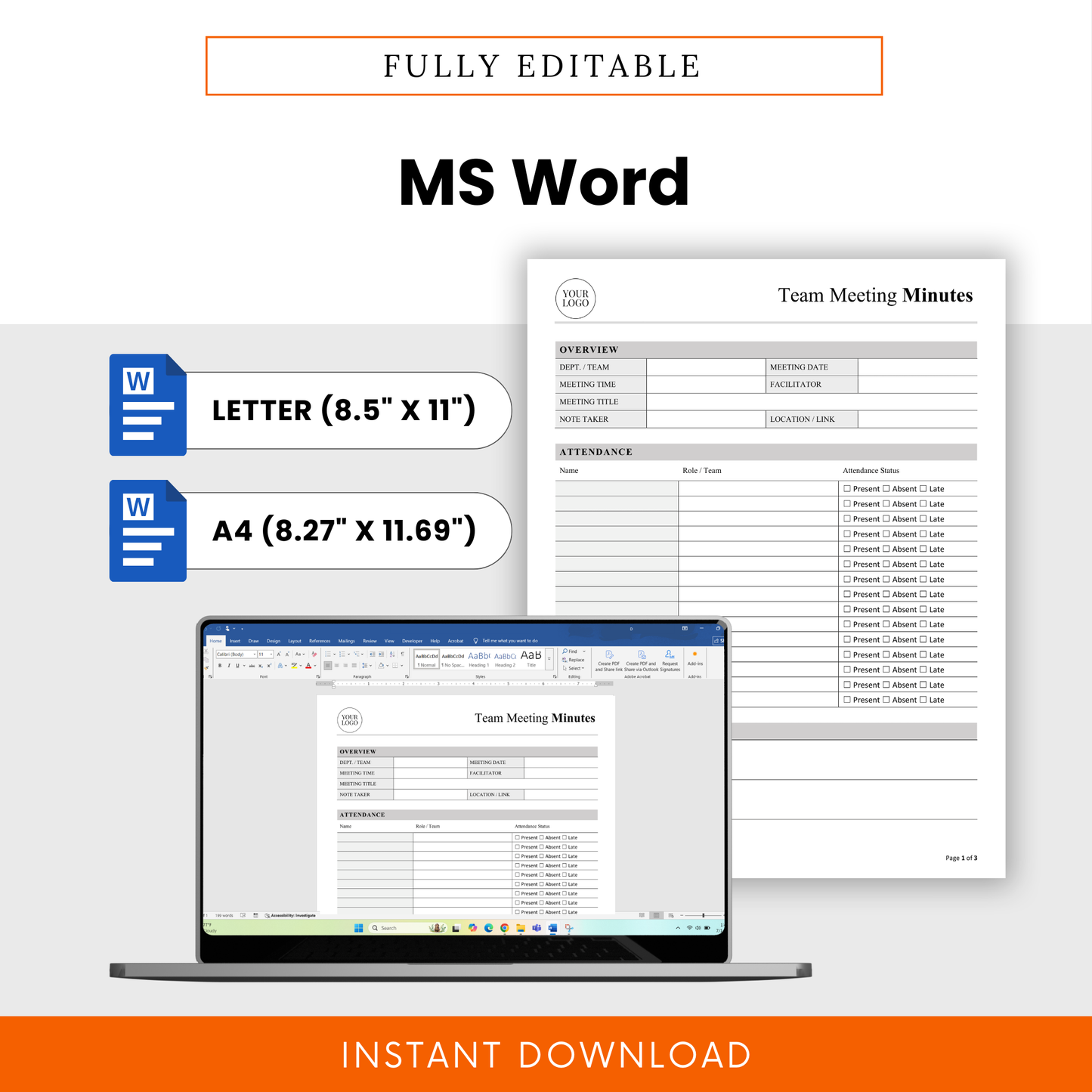Fully editable team meeting minutes template in Microsoft Word format with US Letter and A4 sizes, customizable layout for professional use