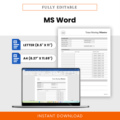 Fully editable team meeting minutes template in Microsoft Word format with US Letter and A4 sizes, customizable layout for professional use