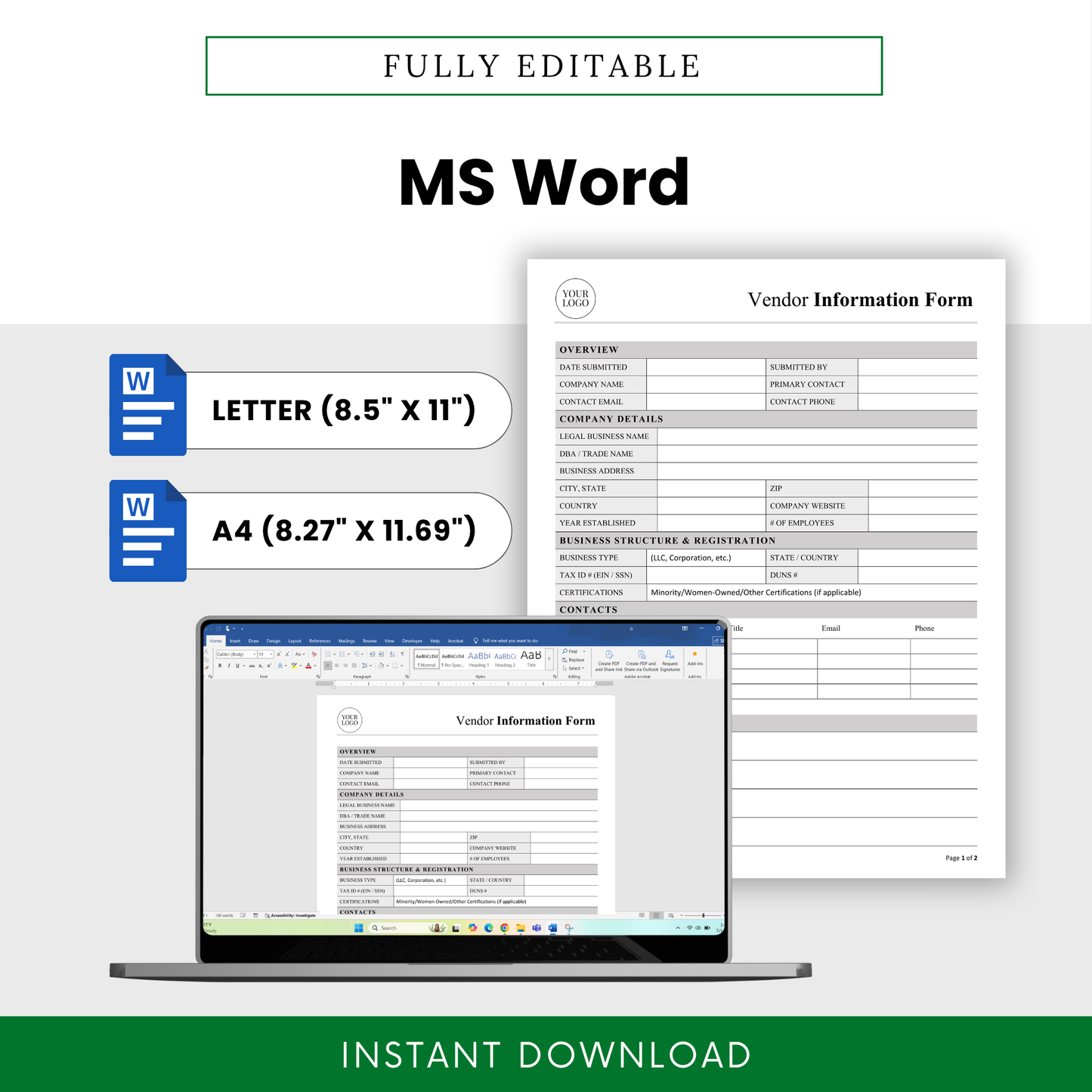 Vendor Information Form Template Word file shown in Microsoft Word format with fully editable fields and letter and A4 sizes. This simple vendor intake template is perfect for businesses needing a customizable and professional document for onboarding and vendor setup.