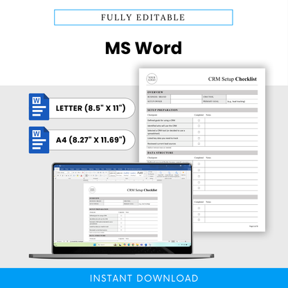 CRM Setup Checklist Template Word file shown on laptop with Letter and A4 sizes for easy editing and customization. This editable CRM business template is perfect for entrepreneurs and teams who need a flexible, professional CRM setup document.