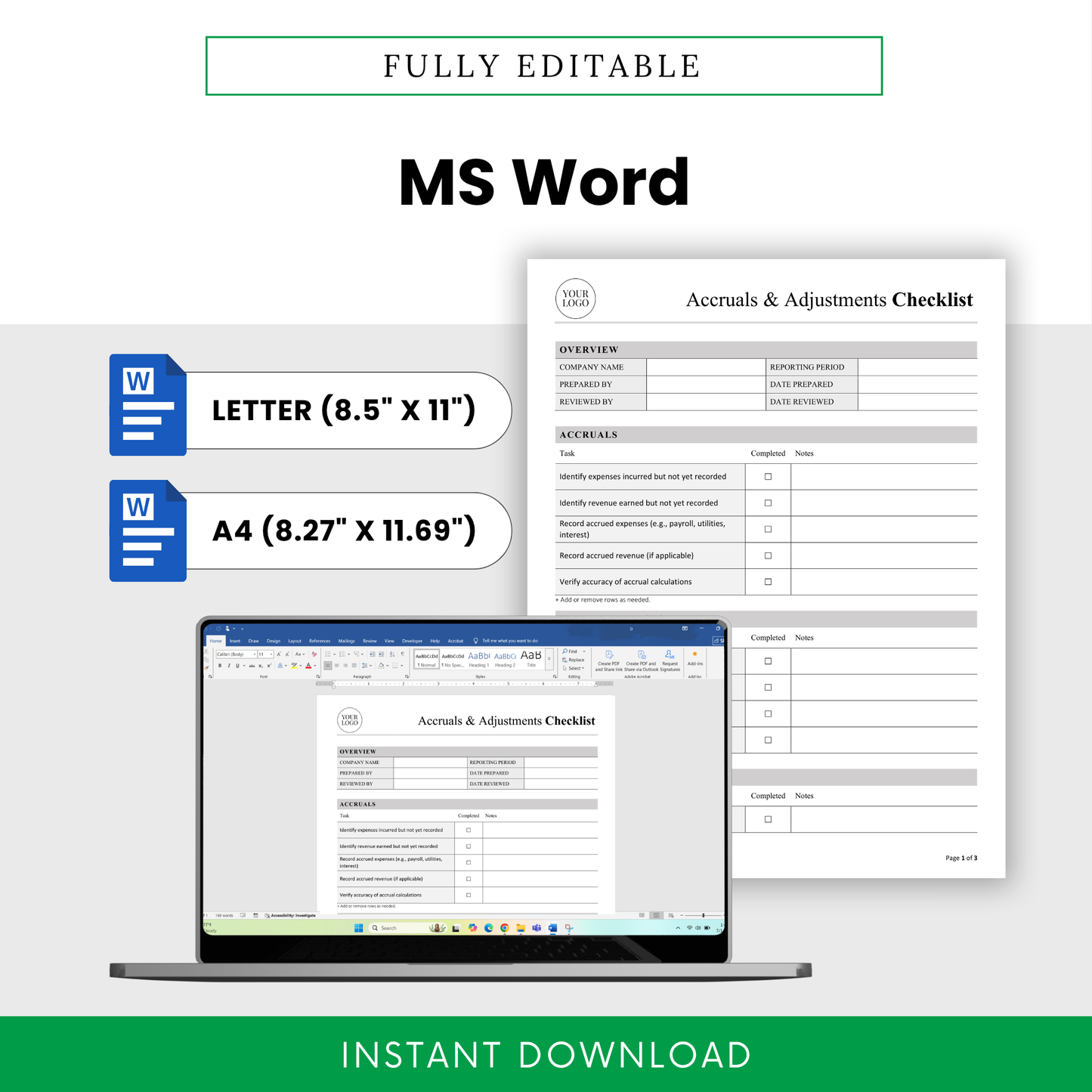Fully editable MS Word accounting checklist template in letter and A4 sizes, customizable financial checklist for bookkeeping and accounting