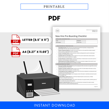 Simple and printable New Hire Pre-Boarding Checklist Template in PDF format. Comes in both US Letter (8.5 x 11”) and A4 (8.27 x 11.69”) sizes. Simple layout with sections for pre-boarding tasks and administrative steps. Ideal for HR professionals, office managers, and small business owners looking for a quick solution to onboard new employees. Instant digital download with ready-to-use design—just print and fill in. Minimalist HR checklist for new hire paperwork and onboarding preparation.