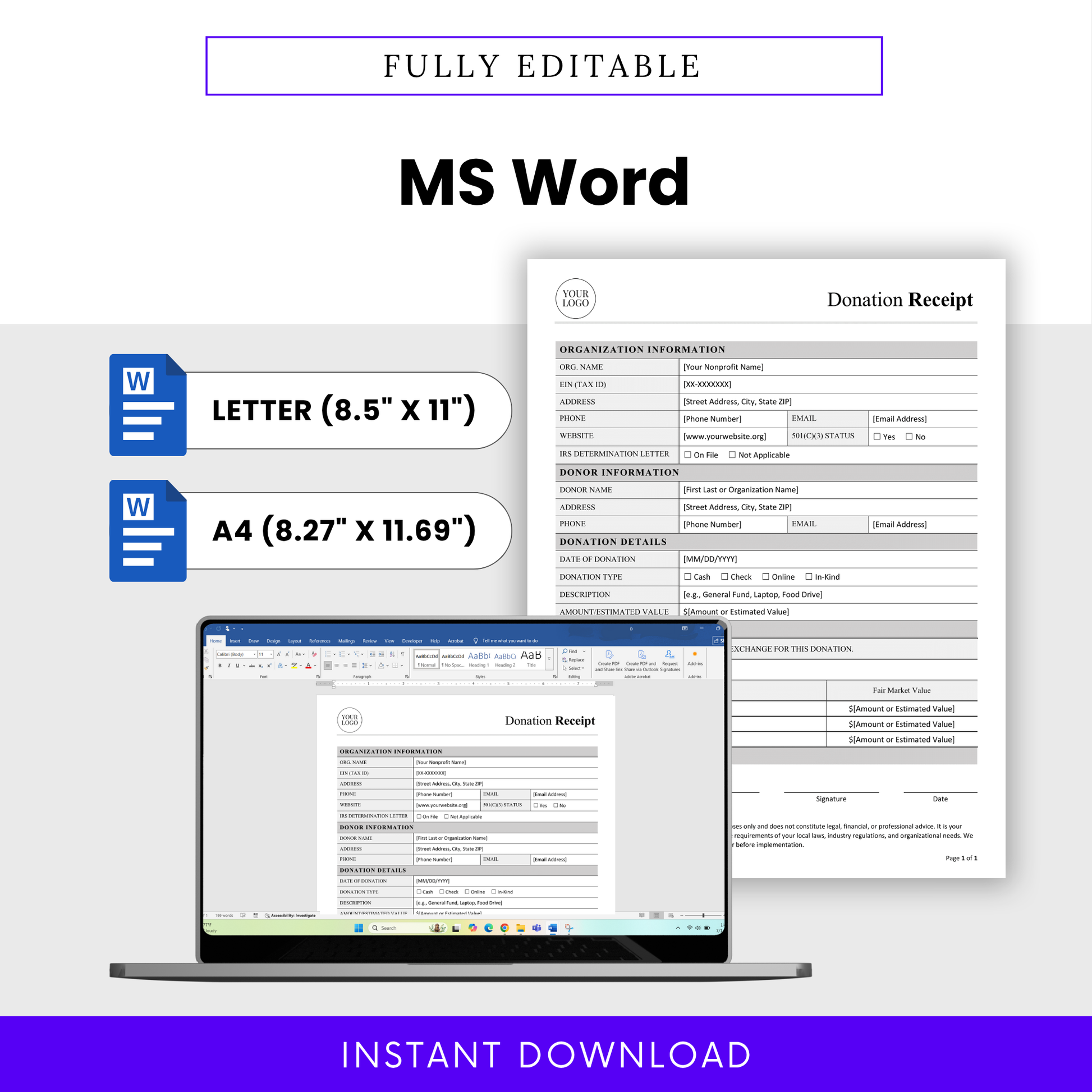 Editable Donation Receipt Template Word displayed in Microsoft Word format with US Letter and A4 sizing options. This simple Donation Receipt Template allows easy customization, branding, and formatting for professional use. Designed for business owners, nonprofits, and teams who need flexible, editable documentation.