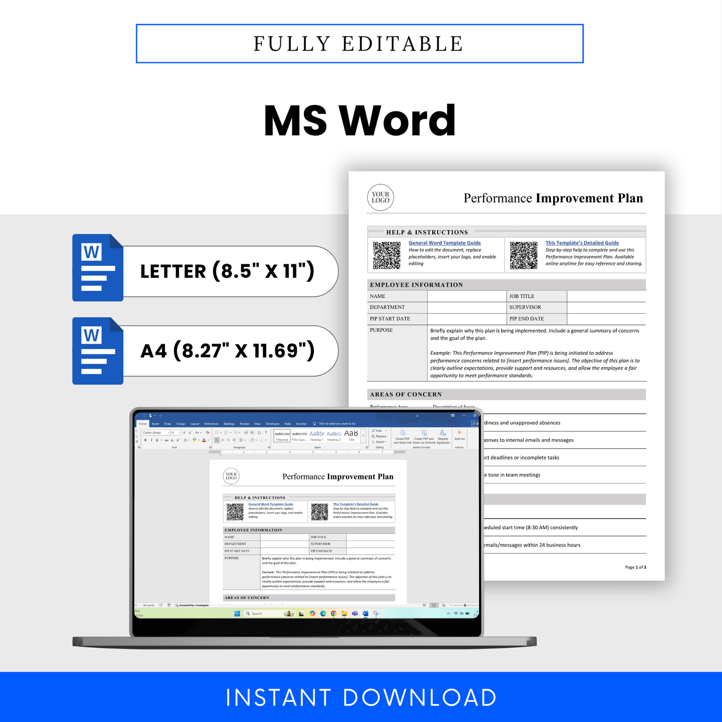 Editable Performance Improvement Plan template shown in Microsoft Word format with US Letter and A4 size options, customizable branding space, and professional layout designed for HR documentation, employee coaching, and supervisor use