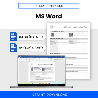 Editable Performance Improvement Plan template shown in Microsoft Word format with US Letter and A4 size options, customizable branding space, and professional layout designed for HR documentation, employee coaching, and supervisor use