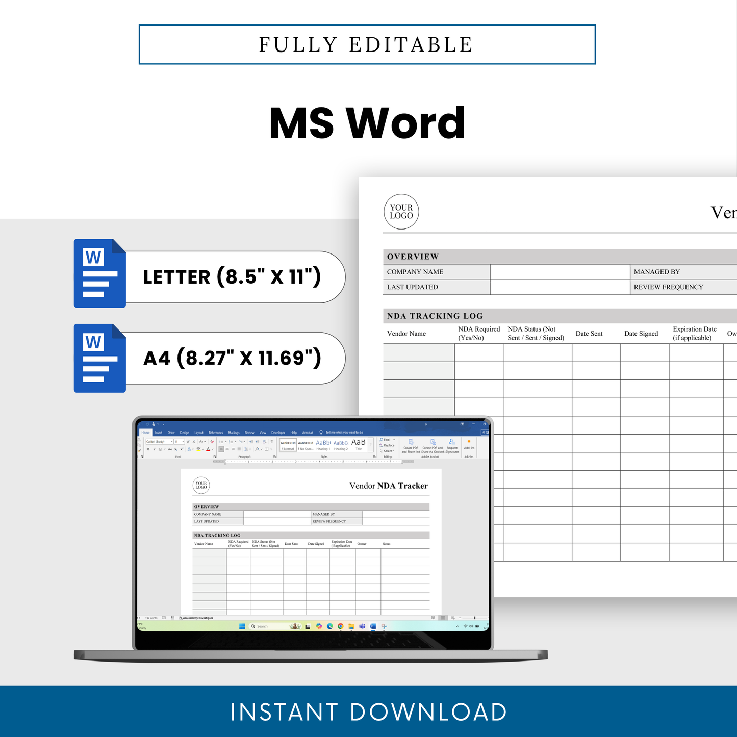 Editable Vendor NDA Template Word displayed on a laptop screen with Letter and A4 sizing options clearly shown. This Vendor NDA Tracker Template is ideal for teams and managers who need a flexible, customizable document for tracking NDAs and vendor compliance.