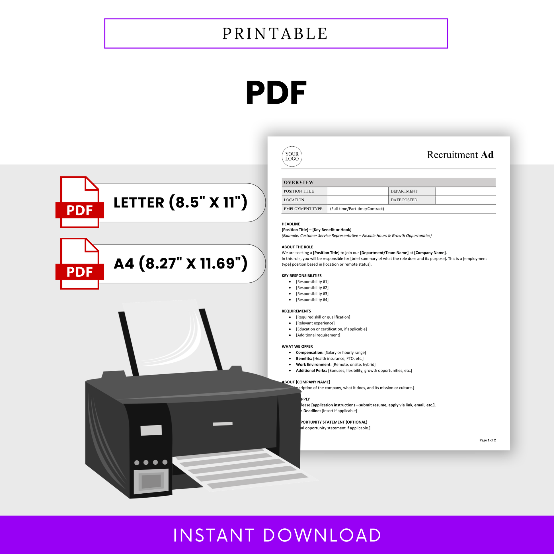 Printable recruitment ad template PDF format with letter and A4 sizes, professional job posting template for easy printing and sharing