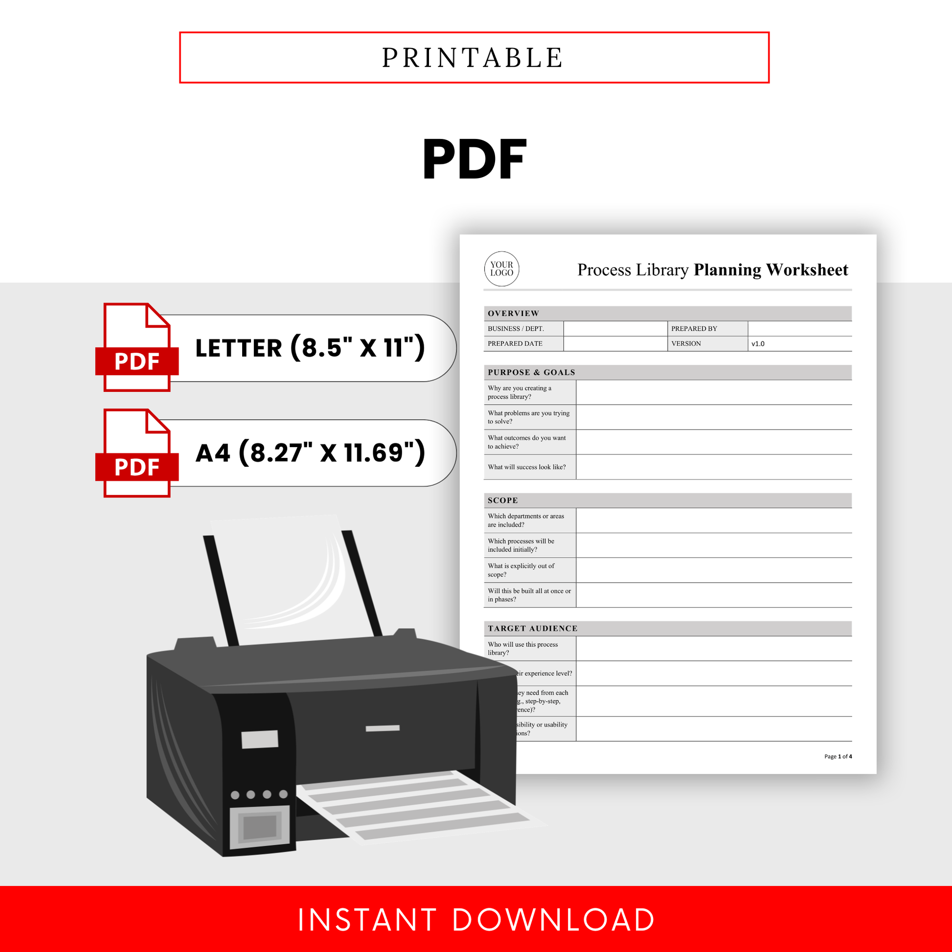 printable process library worksheet PDF template with letter and A4 sizes, business operations planner for workflow documentation and process management