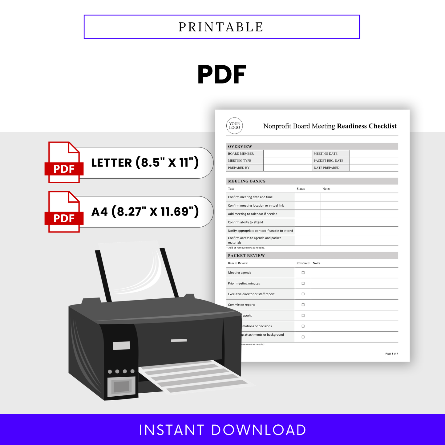 Printable nonprofit board meeting readiness checklist template in PDF format with Letter and A4 size options, document preview, and printer graphic for easy at-home or office printing for nonprofit board meeting planning