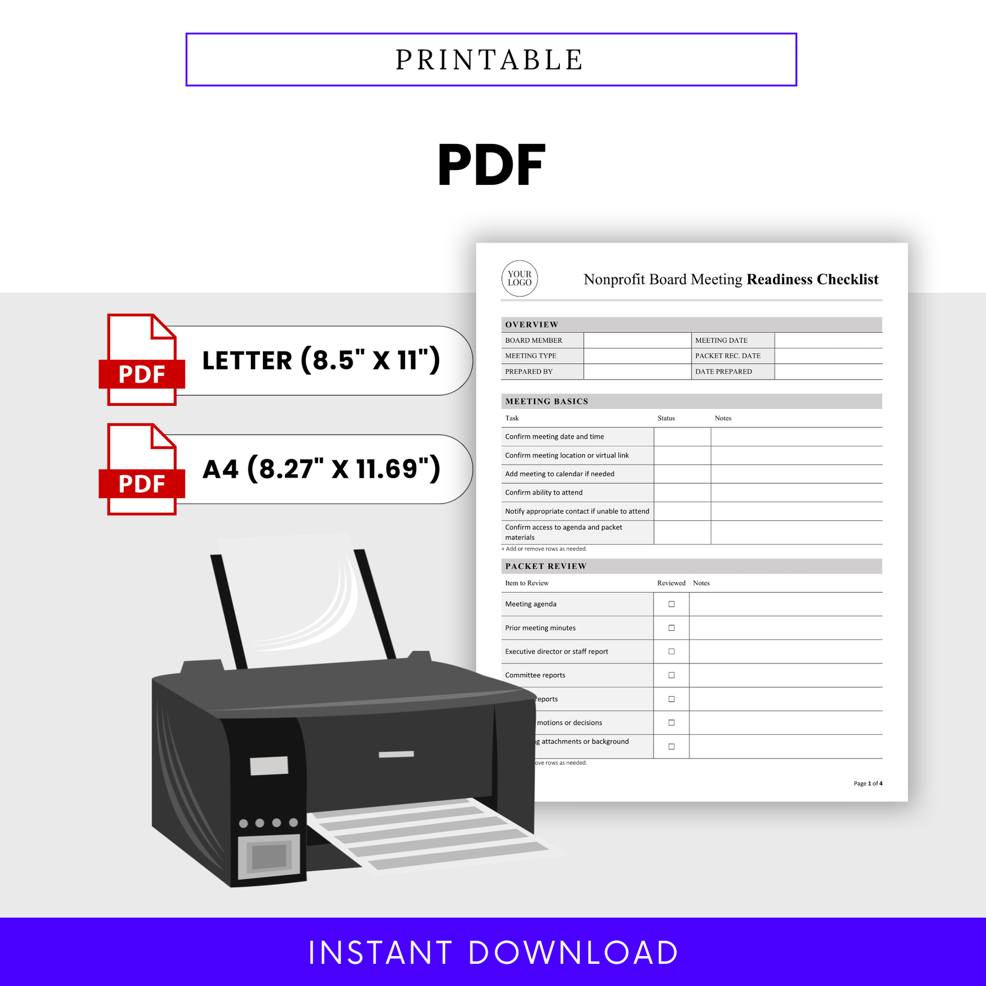 Printable nonprofit board meeting readiness checklist template in PDF format with Letter and A4 size options, document preview, and printer graphic for easy at-home or office printing for nonprofit board meeting planning