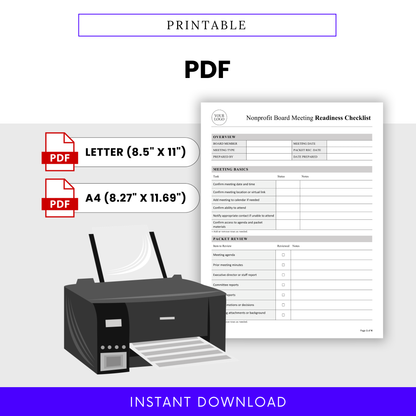 Printable nonprofit board meeting readiness checklist template in PDF format with Letter and A4 size options, document preview, and printer graphic for easy at-home or office printing for nonprofit board meeting planning