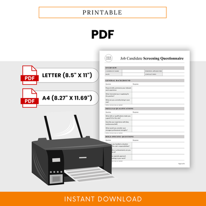 Printable hiring questionnaire template in PDF format with letter and A4 sizes, ideal for interview preparation, candidate screening, and recruitment workflows