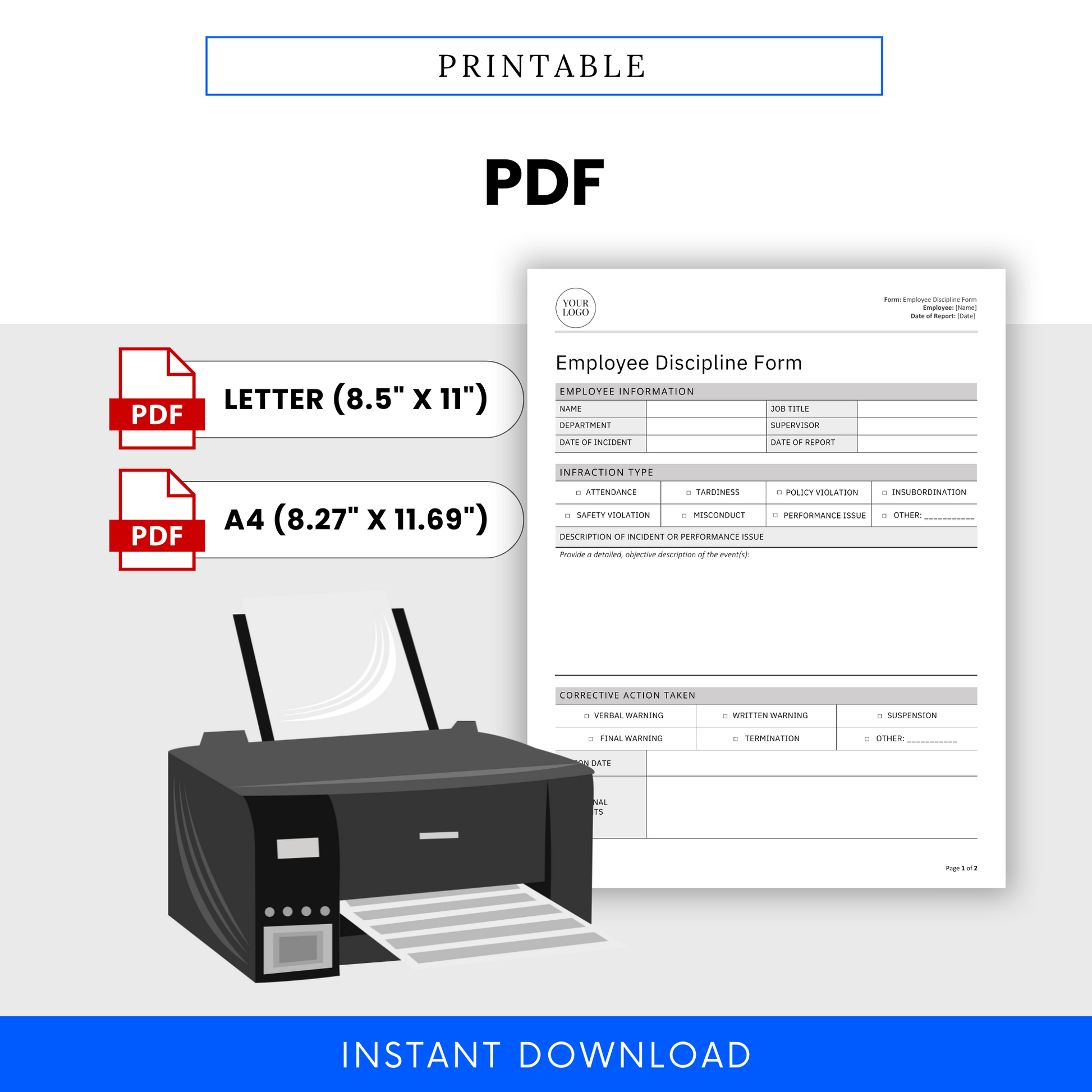 Printable PDF version of the Employee Discipline Form, showing available sizes (Letter and A4) and a printer graphic for easy print-at-home use.