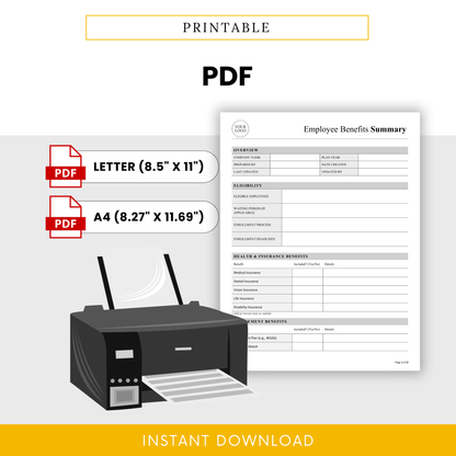 Printable employee benefits summary PDF template with letter and A4 sizes, clean HR document design ready for printing, onboarding packets, and company policy distribution