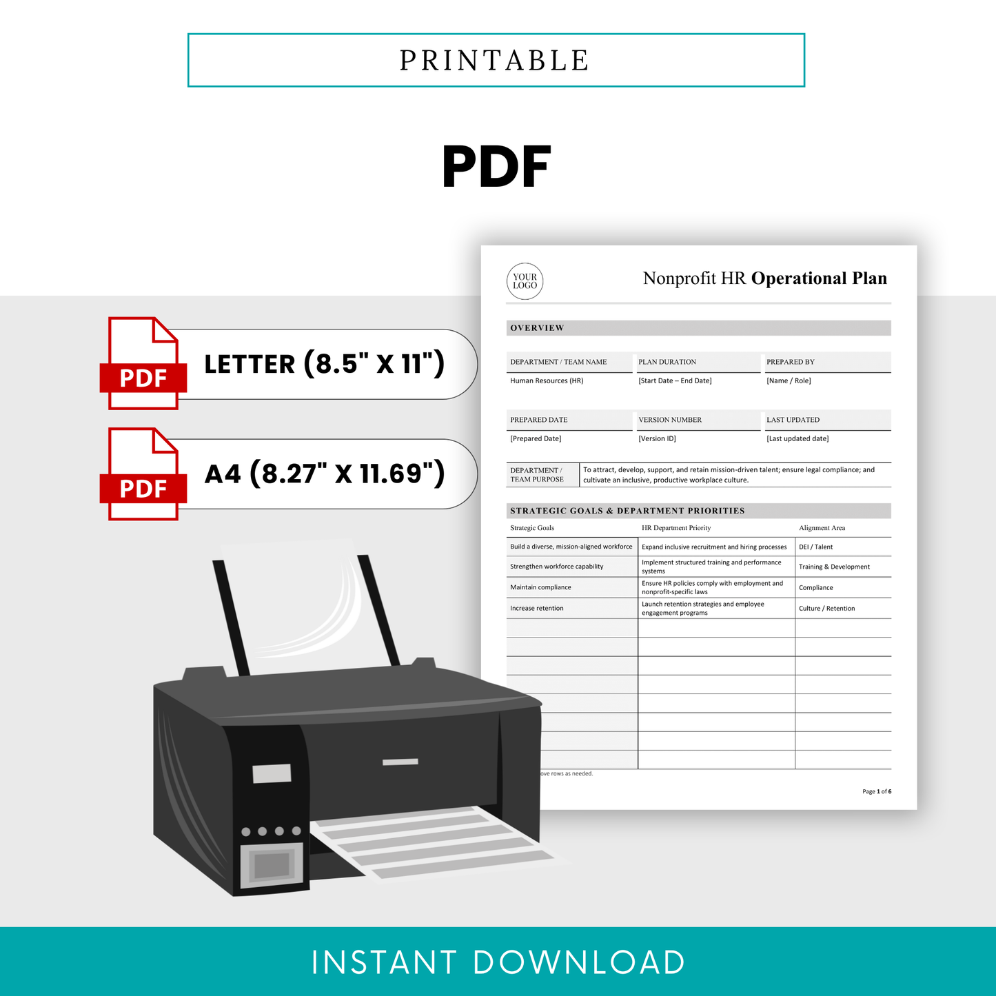 Printable nonprofit HR operational plan PDF template in US letter and A4 sizes, ready for printing and professional HR documentation