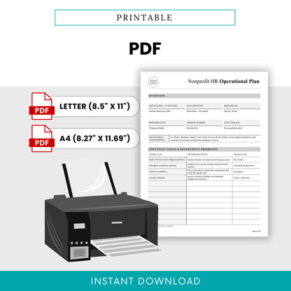 Printable nonprofit HR operational plan PDF template in US letter and A4 sizes, ready for printing and professional HR documentation